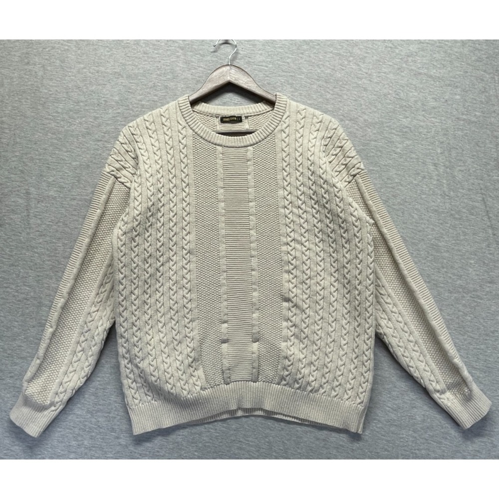 Grace Karin Sweater Mens Large Beige Crew Neck Cable Knit Ribbed Warm Winter
